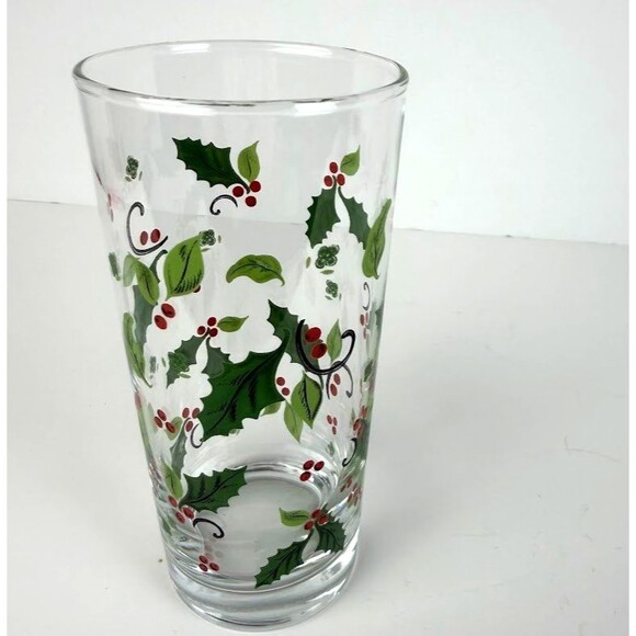 Vintage Libbey Holiday Holly 14 Ounce Tumbler Glass, Green Holly w Red Berries - Picture 2 of 7